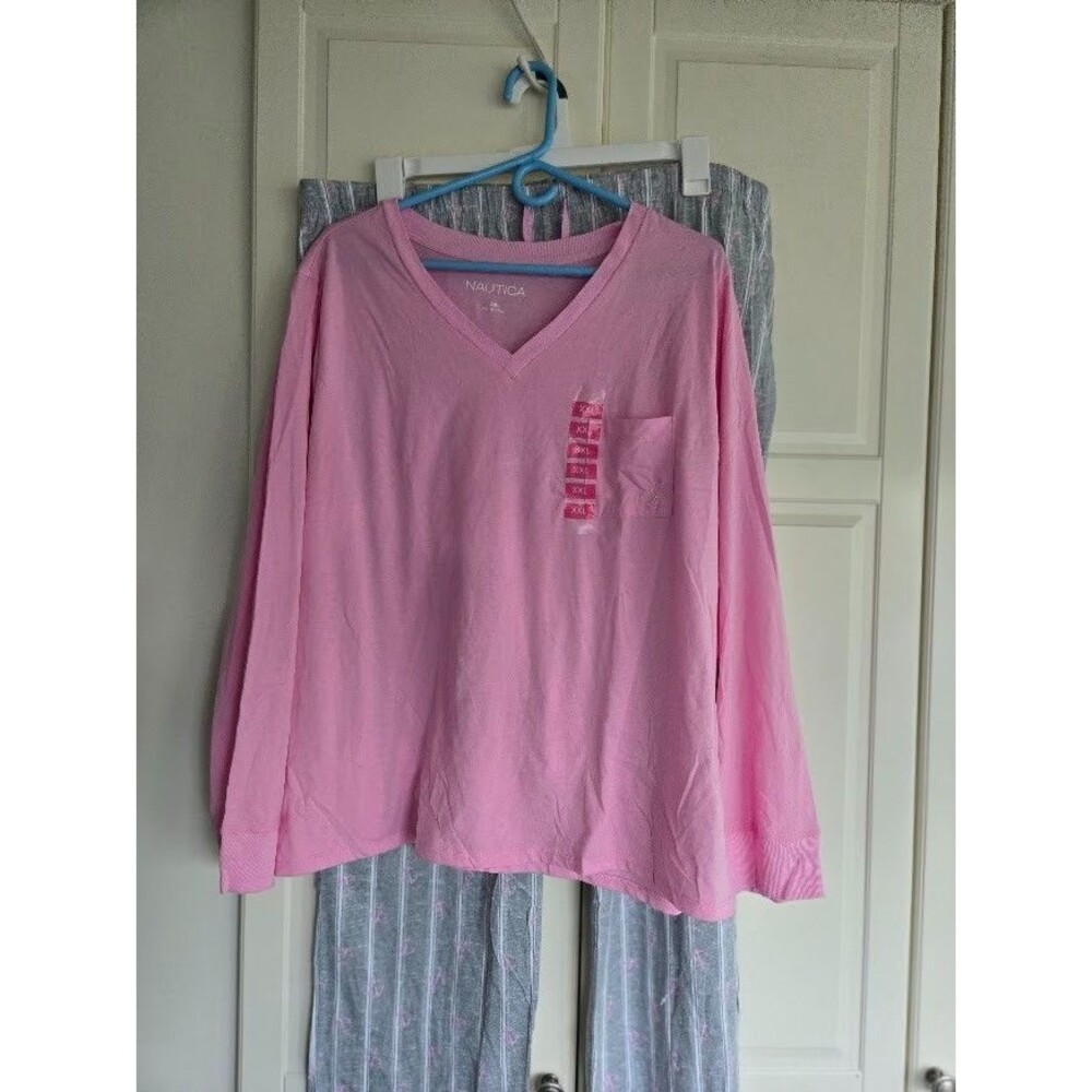 Nautica Womens Pajama Set - Long Sleeve Pink & Gray with Anchors - Size XXL NEW - Picture 2 of 6